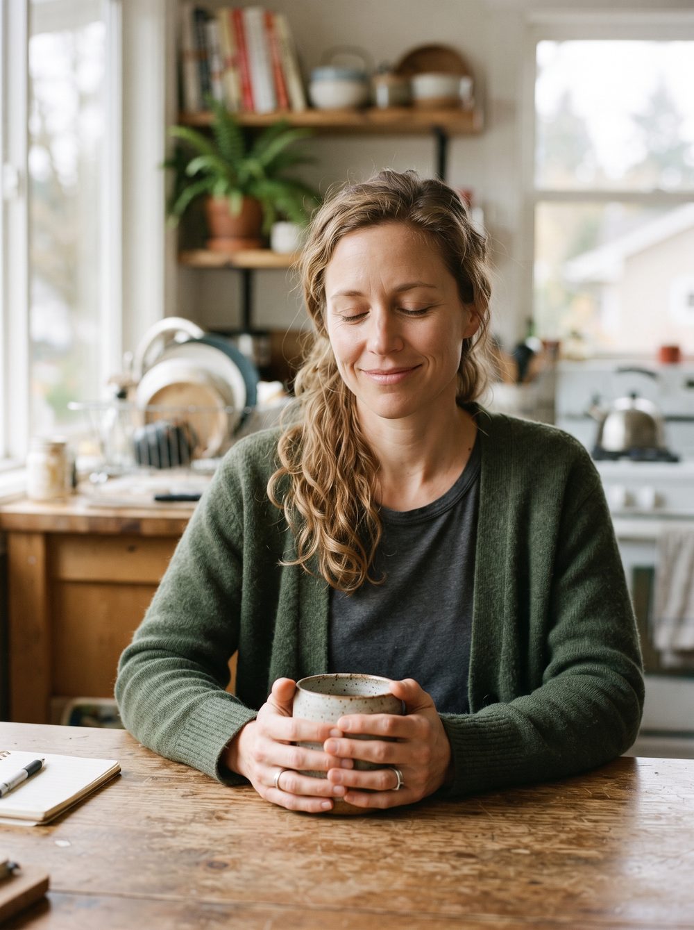 Woman pausing at her kitchen table with a warm mug in her hands